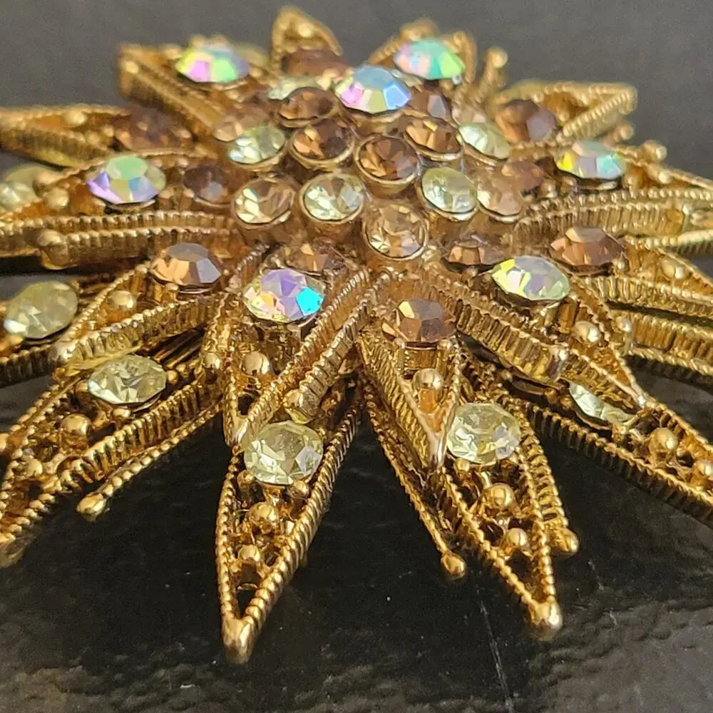 Vintage Starburst Pin Multi Layered AB‎ Rhinestone Sparkles Glamour